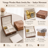 Boîte à bijoux en bois de cerisier, boîte à musique en bois, mouvement Sankyo 18 tons, doublure en velours moderne, rouleaux à bagues, son Sinzyo 18s, personnalisable OEM