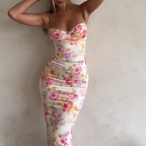 Robe d'été à bretelles, imprimé floral, coupe ajustée, sexy et dos nu - Product Image 1