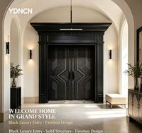 Porte d'entrée double en aluminium moulé noir mat au design européen moderne YDNCN, texture géométrique 3D en relief, robuste