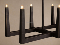 Lustre rectangulaire rustique en métal forgé à double couche pour îlot de cuisine, table à manger de ferme
