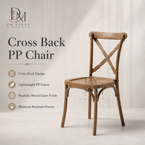 Rustic Brown Wood Grain PP <b>Cross</b> Back <b>Chair</b> for Garden Wedding and Restaurant Events, Wholesale Commercial Seating - Product Image 1