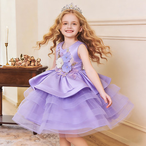 Robe de mariée pour enfants, style princesse, ligne A, jupe tutu multicouche en maille, col rond, fibre de polyester, bleu, rose, jaune, violet, pastèque - Product Image 2