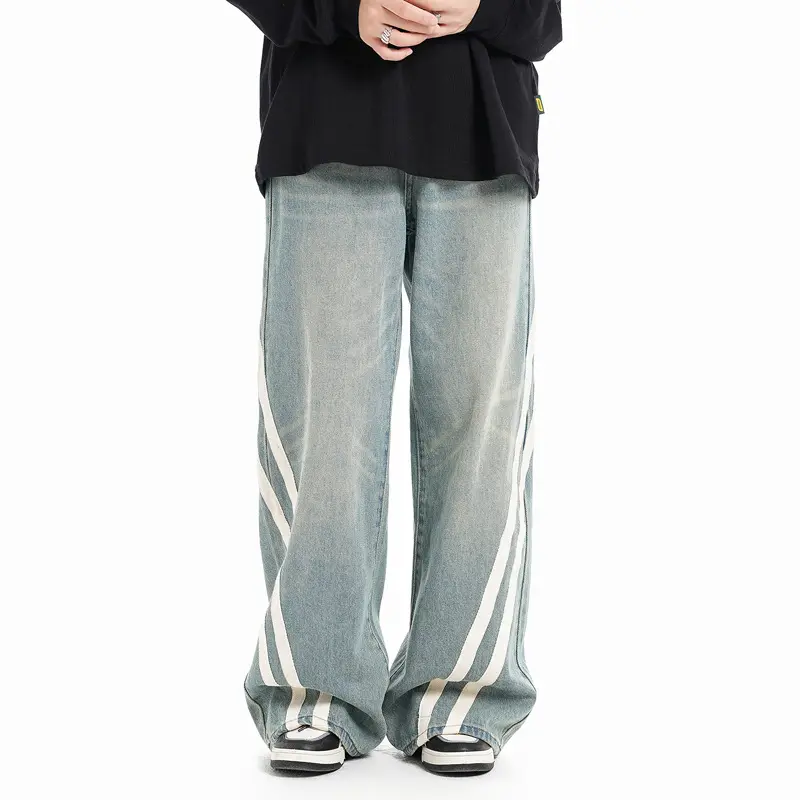新しいデザインカスタム卸売高品質ヴィンテージウォッシュ製オールドリボンストライプジーンズロゴカスタムプリント刺繍メンズジーンズ
