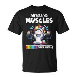 T-shirt de musculation et de fitness licorne mignon avec design 'Please Wait Installing Muscles' - Product Image 1