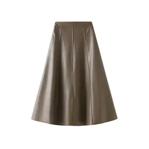 Retro style leather skirt skirt women's 2023 autumn and winter high waist temperament mid-length A- line sheath umbrella skirt