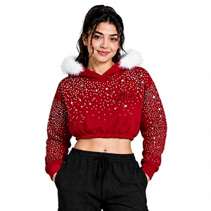 SALSTAR Sweat à capuche court rouge avec bordure en fourrure blanche, imprimé à pois scintillants, veste polaire pour femme, pull d'hiver à manches longues - Product Image 1