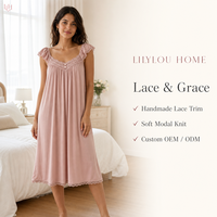 Robe de nuit mi-longue en coton modal pour femme, la plus vendue, sans col, avec dentelle, manches courtes et volants, idéale pour l'été et la maison