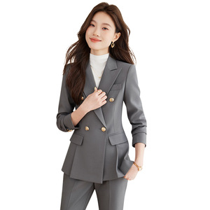 Women's Professional Suit <b>Set</b> Grey Double Breasted Slim Fit Formal <b>Office</b> Wear Autumn Winter 2025 Anti-Wrinkle Polyester - Product Image 5