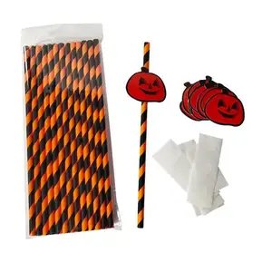 Pailles en papier 6mm noir Orange Halloween citrouille squelette araignée chauve-souris imprimé pailles en papier pour fête