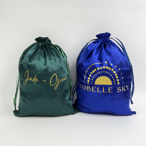 Royal Blue Satin <b>Pouches</b> with Gold Print Logo - Luxury <b>Drawstring</b> Bags for Cosmetics & Jewelry - Product Image 2