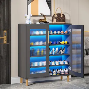 Acrylic 22 Pairs 5-Tier Shoe Rack Shoe Storage Cabinet With Door And Light For Entryway