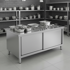 Armoire de <span class=keywords><strong>rangement</strong></span> modulaire en acier inoxydable brossé à porte coulissante, avec table de travail, pour <span class=keywords><strong>cuisine</strong></span> commerciale moderne et économique - Product Image 5