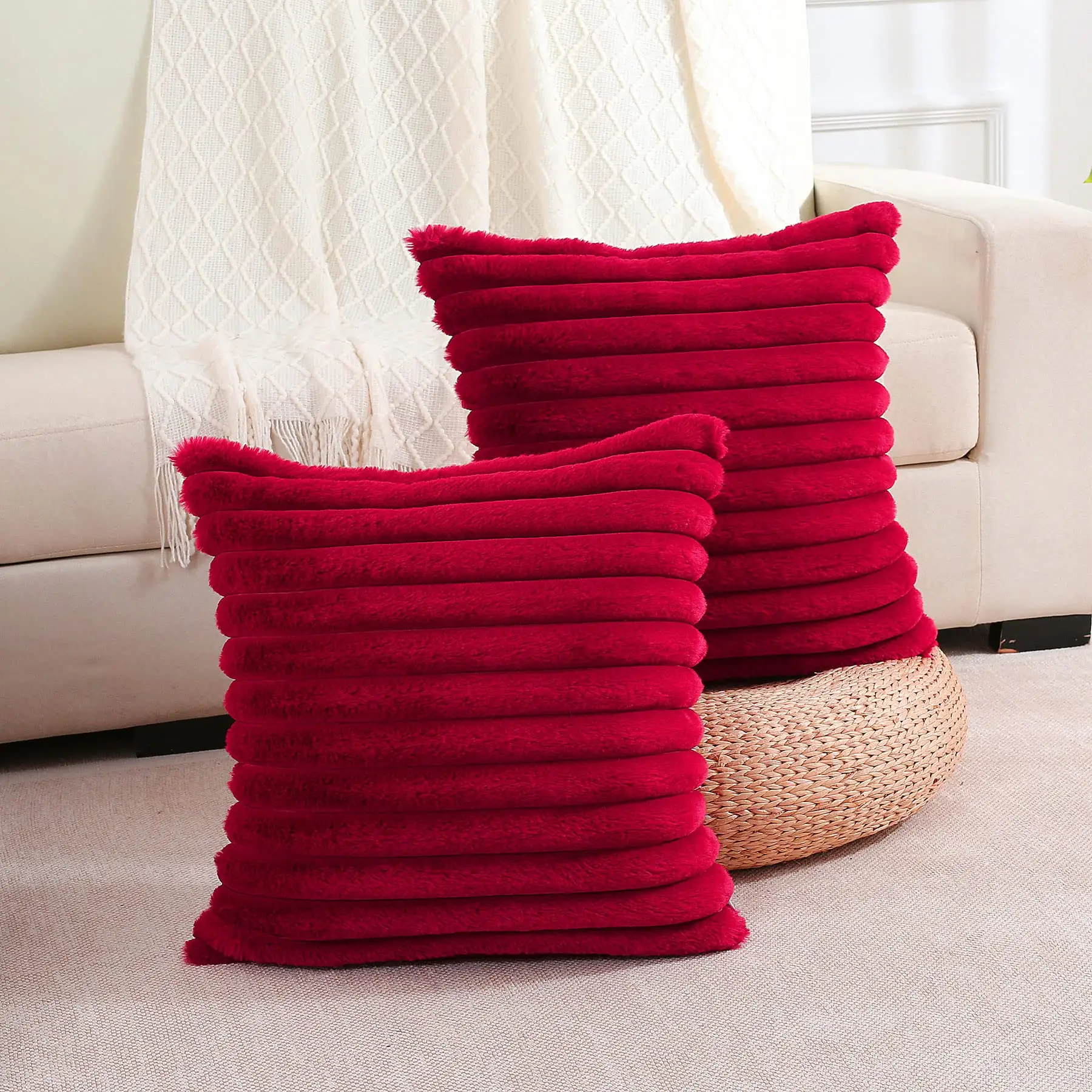 Custom Striped Decorative Soft Cozy Faux Rabbit Fur   Velvet Cushion Covers 45*45cm Square Pillowcases Luxury Sofa Pillow Case