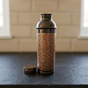 Premium Black Laser Etched Pure Copper Water Bottle 950ml Floral Vine Pattern Ayurvedic Flask Dual Tone Sports Metal Drinkware - Product Image 2
