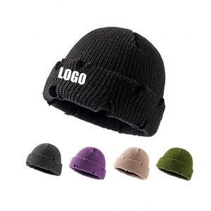 Streetwear Winter Skull Cap Custom Embroidery Acrylic Knit Hats Cuff Distressed <b>Beanie</b> for Men Women - Product Image 1