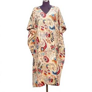 Robe Kaftan Longue d'Été pour Femme en Coton Biologique 100% de Haute Qualité, Imprimée au Bloc, Taille Naturelle, Idéale pour la Plage - Product Image 1