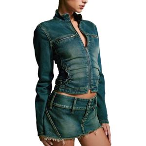 แฟชั่นมาใหม่ เสื้อแจ็คเก็ตยีนส์สีน้ำเงินคอสูงแบบซิปสุดเซ็กซี่ และกระโปรงสั้นวินเทจ - Product Image 4