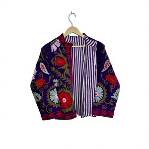 Autumn <b>Coat</b> Floral Embroidery Purple <b>Velvet</b> Embroidered Blazer <b>Women</b> Mandarin Collar Full Sleeve <b>Coat</b> - Product Image 1