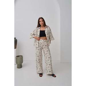 Conjunto de Pijama de Lino para Mujer, Beige, Bordado, Manga Larga, Casual, Suave, Tejido, 2 Piezas - Product Image 5