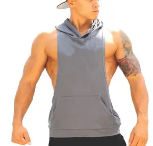 Men's Sleeveless Cotton Blend Basketball Running Gym Hooded Vest OEM Blank Customizable Embroidery Solid Color Tank Top