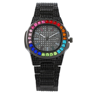 Vente directe d'usine, quatre couleurs, montre à quartz pour femmes, luxe, bling bling, hip hop, en alliage, avec verre arc-en-ciel coloré, calendrier - Product Image 2