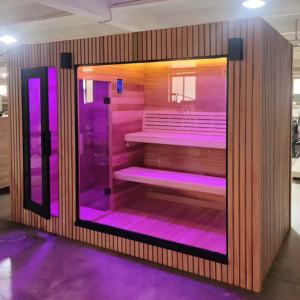 <span class=keywords><strong>Cabine</strong></span> <span class=keywords><strong>de</strong></span> <span class=keywords><strong>douche</strong></span> moderne en bois <span class=keywords><strong>de</strong></span> pruche écologique avec sauna infrarouge extérieur à toit plat, trous pré-percés, installation facile DIY pour villa - Product Image 6