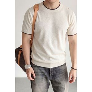 T-shirts décontractés d'été pour hommes en lin et lyocell tricoté, style Old Money, amples, respirants et polyvalents, couleur unie - Product Image 1
