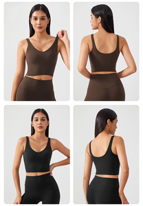Camisetas sin mangas cortas de Fitness con cuello en V para mujer de estilo clásico con almohadillas Sujetador activo deportivo de secado rápido Entrenamiento Correr Sujetador recortado Tops - Product Image 3