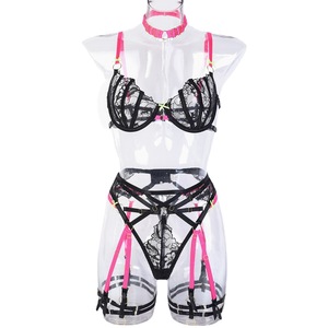 2024 Groothandel Vrouwen Lingerie Stijl Seks Erotische Vier Stukken Sets Vrouwen Zwart Doorschijnend Kant Set Femme Sexy Met Kousenband Lingerie - Product Image 6
