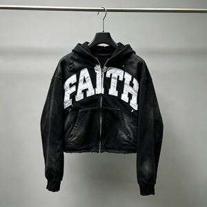 <strong>Men's</strong> Vintage Washed Black Cropped Zip up Hoodie FAITH Letter Patch Distressed Ripped Streetwear Sweatshirt <strong>Clothes</strong> <strong>Men</strong> - Product Image 3