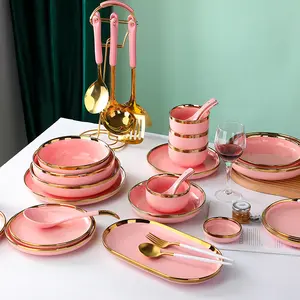 Luxury Pink Ceramic Dinnerware Set Round Restaurant Hotel Salad Soup Bowls Plate Set Elegant Pink Dinner Plates