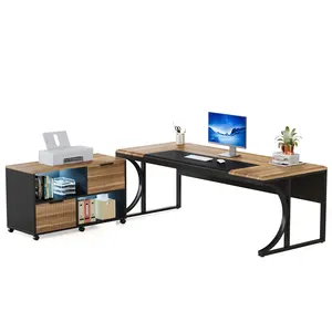Tribesigns Premium Executive CEO Boss Desk: tavolo per Computer in legno a forma di 63 "con luce LED schedario
