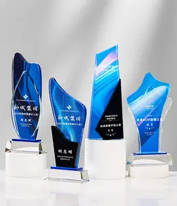 Honor Of Crystal 2023 Blue Glass Trophies Custom Made Lettering Clear Crystal Trophy
