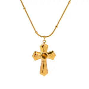 Stainless Steel Necklaces Gold Plated Cross Necklace Tiger Eye Stone Cross Pendant Necklace For Women