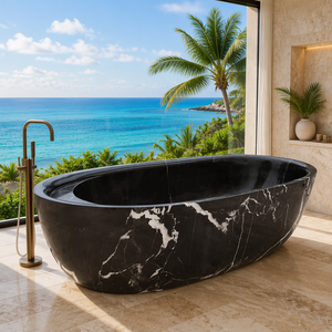 Vasca da Bagno Ovale di Lusso in Marmo Nero Naturale Intagliato a Mano, Vasca Autoportante in Pietra per Progetti di Bagni di Villa - Product Image 4