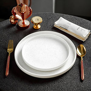 Elegante plato para carne <span class=keywords><strong>de</strong></span> restaurante, plato para pizza <span class=keywords><strong>de</strong></span> cerámica esmaltada moteada, plato llano blanco con borde - Product Image 1