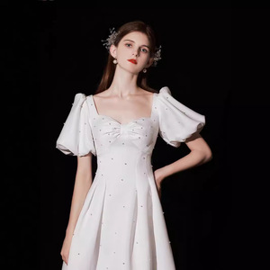 French Style Wedding Dress A-Line Square Neck Beaded Chiffon White Long Dress For Bride Engagement - Product Image 2