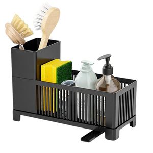 2-In-1 Kitchen Over Under Sink Storage Sponge Holder Faucet Rack Shelf Soap <b>Plastic</b> Faucet Rack With Draining Tray - Product Image 2