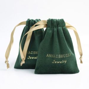 Custom Logo Dark Green Flannel Silk Velvet Recyclable <b>Drawstring</b> Jewelry Gift <b>Pouch</b> for Watch & Gemstone - Product Image 5