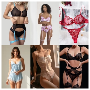 Low Price Women Underwire <b>Bra</b> Thong Garter Straps Floral Pattern <b>Sheer</b> Hollow Out Bodysuit Costume Sexy Lace Lingerie Set - Product Image 2