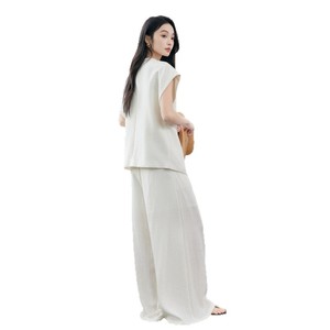 Women's Lyocell V-neck Sleeveless Vest Set Wide Leg Pants Elegant Breathable Casual Two Piece For Commuting Daily Work - Product Image 5