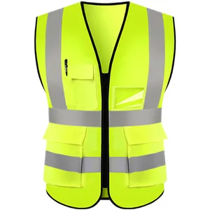 Biểu tượng tùy chỉnh khả năng hiển thị cao phản chiếu an toàn đường bộ vest người đàn ông xây dựng màu vàng giá rẻ ngành công nghiệp quần áo với túi