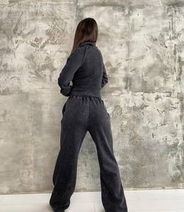 Ensemble personnalisé pour femme, style vintage, deux pièces : sweat à capuche court zippé et pantalon évasé, veste en coton délavé à l'acide, pantalon skinny, survêtement - Product Image 2