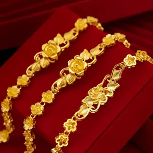 Wholesale Placer Gold Women's Floral Bracelet Long Lasting Trendy Wedding Bride Flower Bangles Gold Plated Jewelry Gift Idea