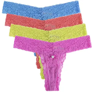 Großhandel Günstige Tanga Neon Farben Limette Blau Koralle Rosa Höschen 90% Nylon 10% Elasthan Galloon Spitze Tanga