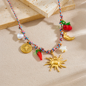 Fashion Beaded Necklace Gold Plated Sun Moon Star Chili Pepper Pendant Woven Cord Multi Element Design - Product Image 2