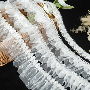 LS785 Embroidery Lace Trim For Clothes Sleeve Collar And Wedding Dress Decorative Accessories Mesh Fabric Flower Popular White