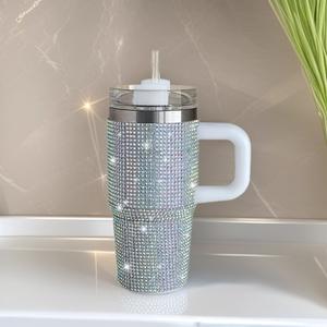แก้วกาแฟแบบมีหูจับ ขนาด 14 ออนซ์ ประดับเพชรหลากสี แบบขายส่ง พร้อมฝาปิดและหลอดดูด - Product Image 4