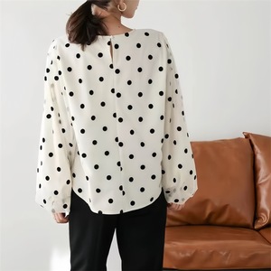 Camicetta <span class=keywords><strong>Nera</strong></span> da Donna con Maniche Trasparenti, Collo Rotondo, Spalle Scoperte, Maniche a Sbuffo, Top in <span class=keywords><strong>Tulle</strong></span> a Pois, Tunica Casual per Uso Quotidiano, Camicia da Donna - Product Image 4