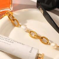 Pulsera de Cadena Gruesa de Acero Inoxidable con Baño de Oro de 18K y Perlas de Agua Dulce, Joyería de Lujo para Mujer